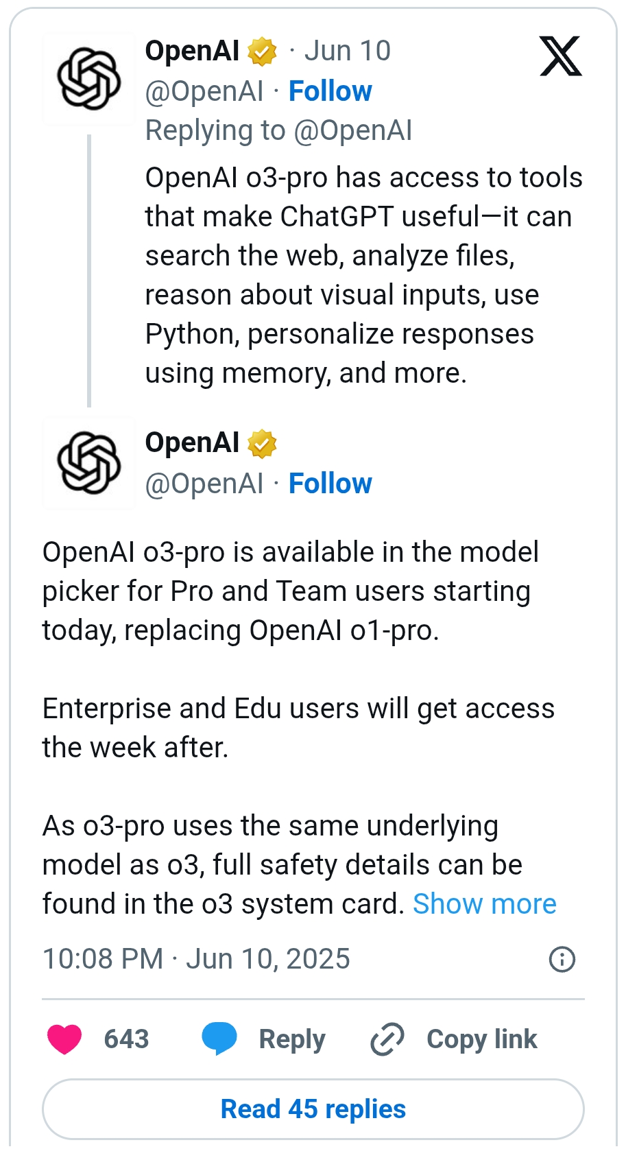 OpenAI выпустила новую модель — o3‑pro